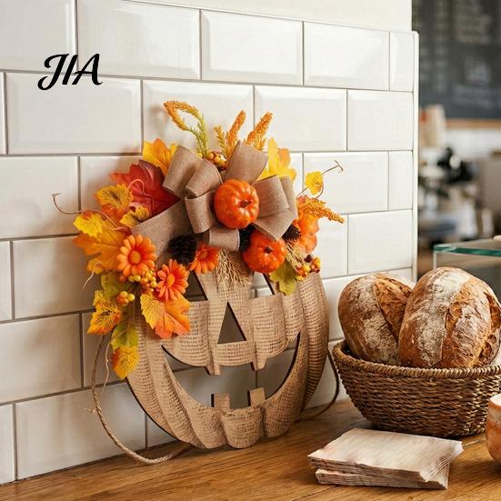 Festival Seasonal Ornament for Kitchen Wooden Pumpkin Halloween Door Sign with LED Lights, Artificial Floral Hanging Decorative Pinecones Fireplace