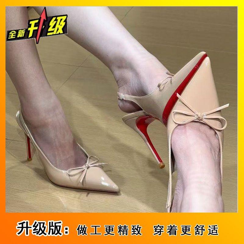 Pointed sandals French nude single shoes thin heel bow temperament beautiful patent leather bag head light mouth high heels