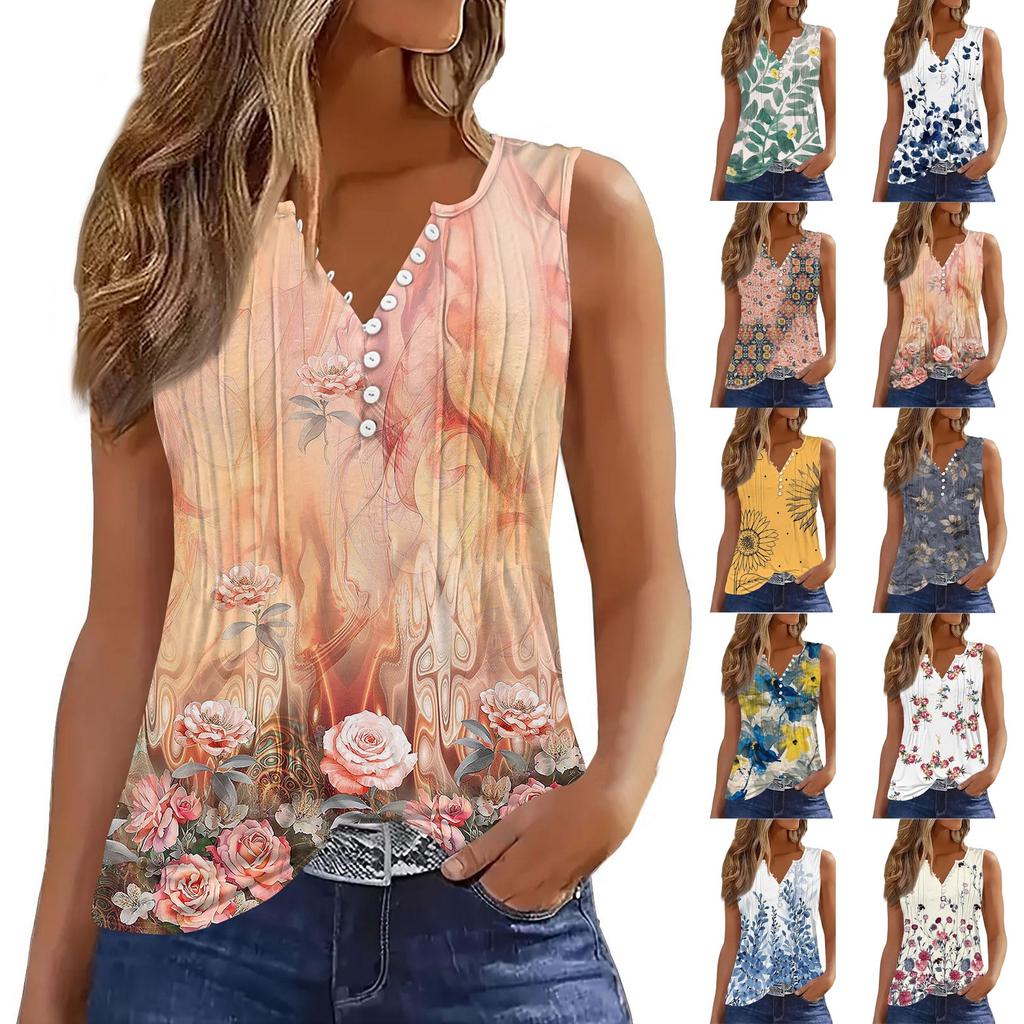 Women's Flowers And Plants Casual Loose Pleated Shirt V Collar Button-down T-shirt Shirt Sleeveless Vest Top