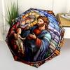 1pc Stained Glass Nativity Scene with Automatic Opening Umbrella, Portable Tri-Fold Design, 8-Bone Iron Frame Outdoor Umbrella, Perfect Gift for Fans,