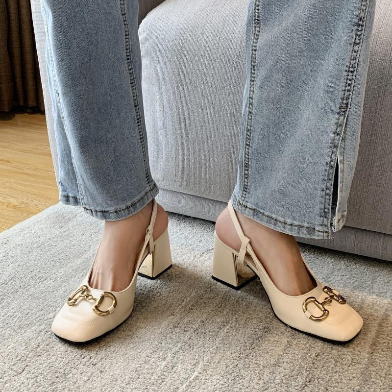 Fashion Shoes Female 2024 Hot Sale One-word Buckle Women's Pumps Autumn Square Toe Solid Metal Decoration Chunky Heels Mary Jane Pumps