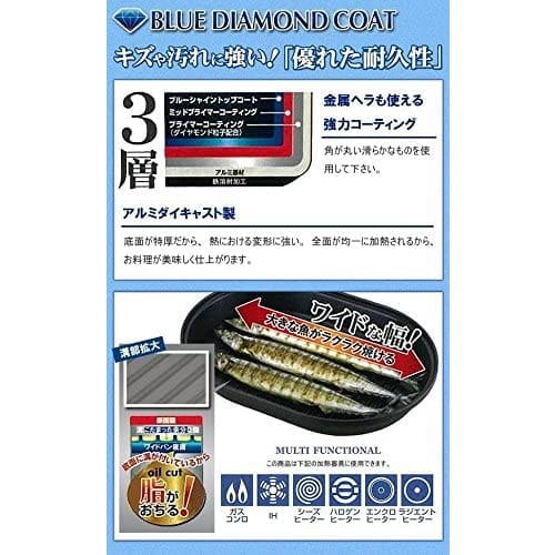 Pearl Metal Fish Grill NEO Blue Diamond Coat, IH Compatible, Wide Pan with Glass Lid, HB-2331