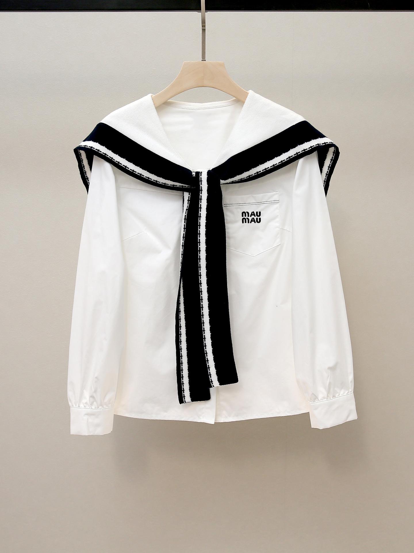 

Elegant French College Style Women s Color Block Navy Collar Loose Shirt Large белый