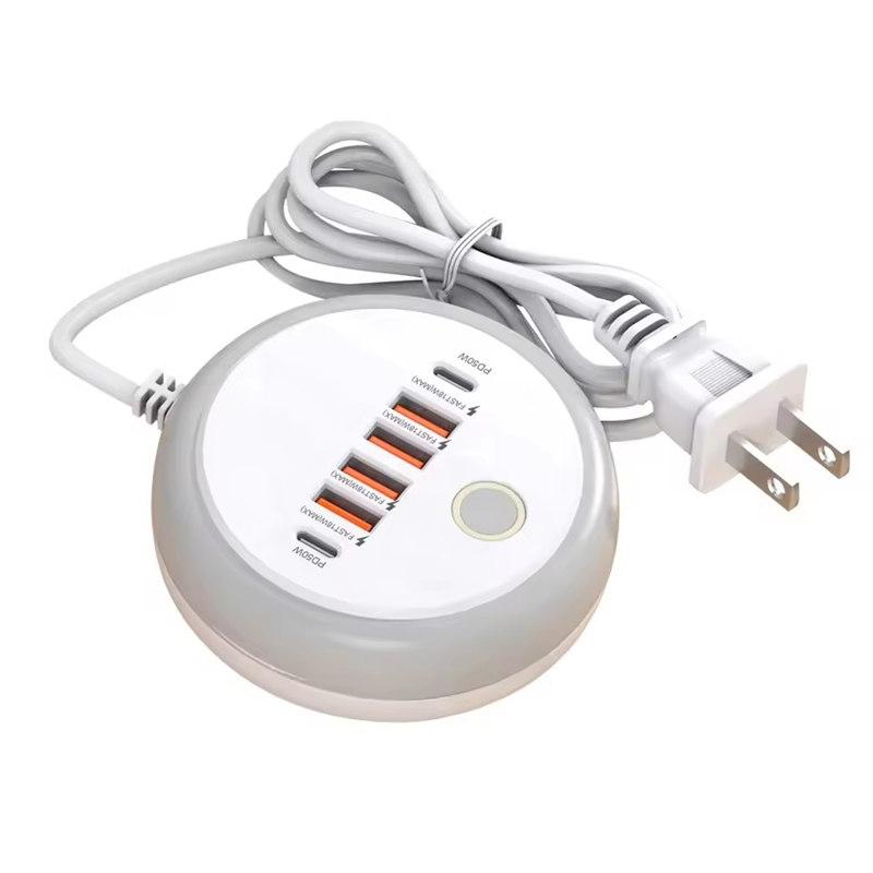 PD 50W Multi Port Charger Type C Fast Charging EU US Plug Wall Charger 6 Port USB Quick Phone Charger With Touch LED/ Fill Light