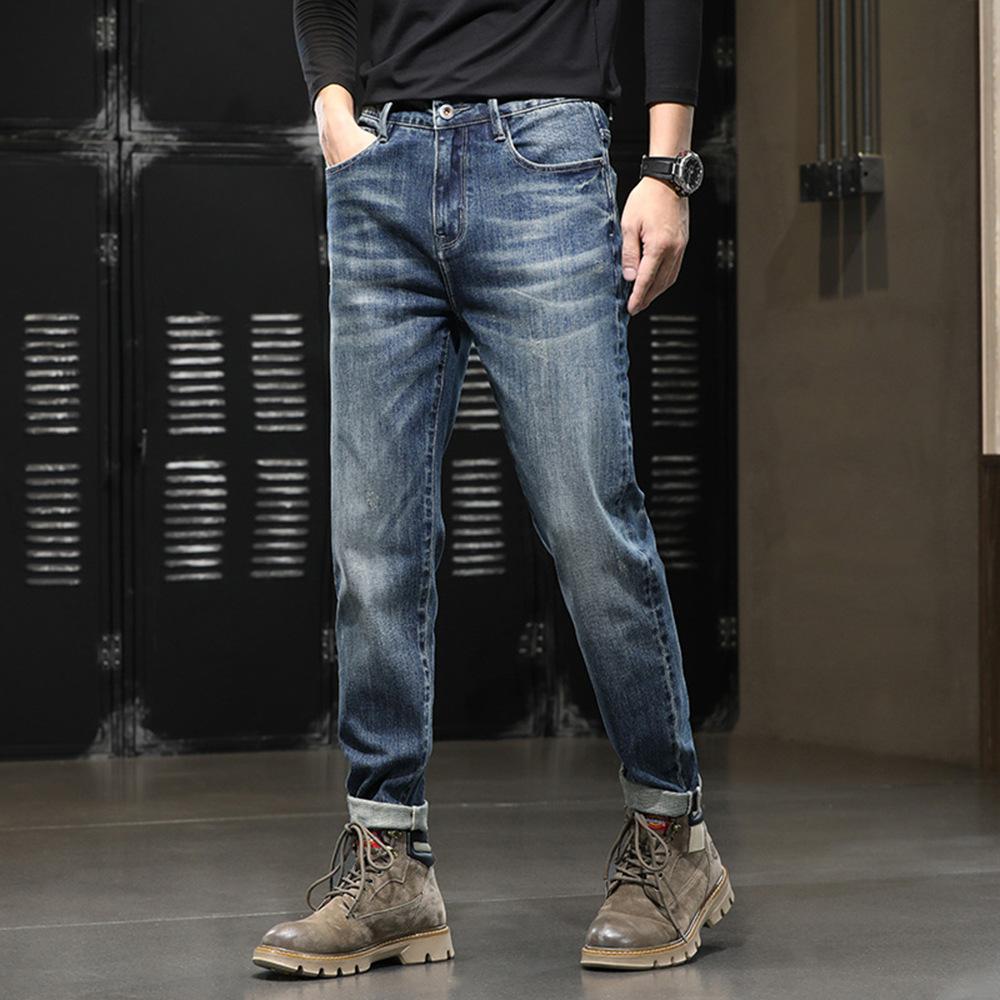 European version jeans men's slim-fitting straight pants stretch denim casual men's pants retro trend men's commuter long pants