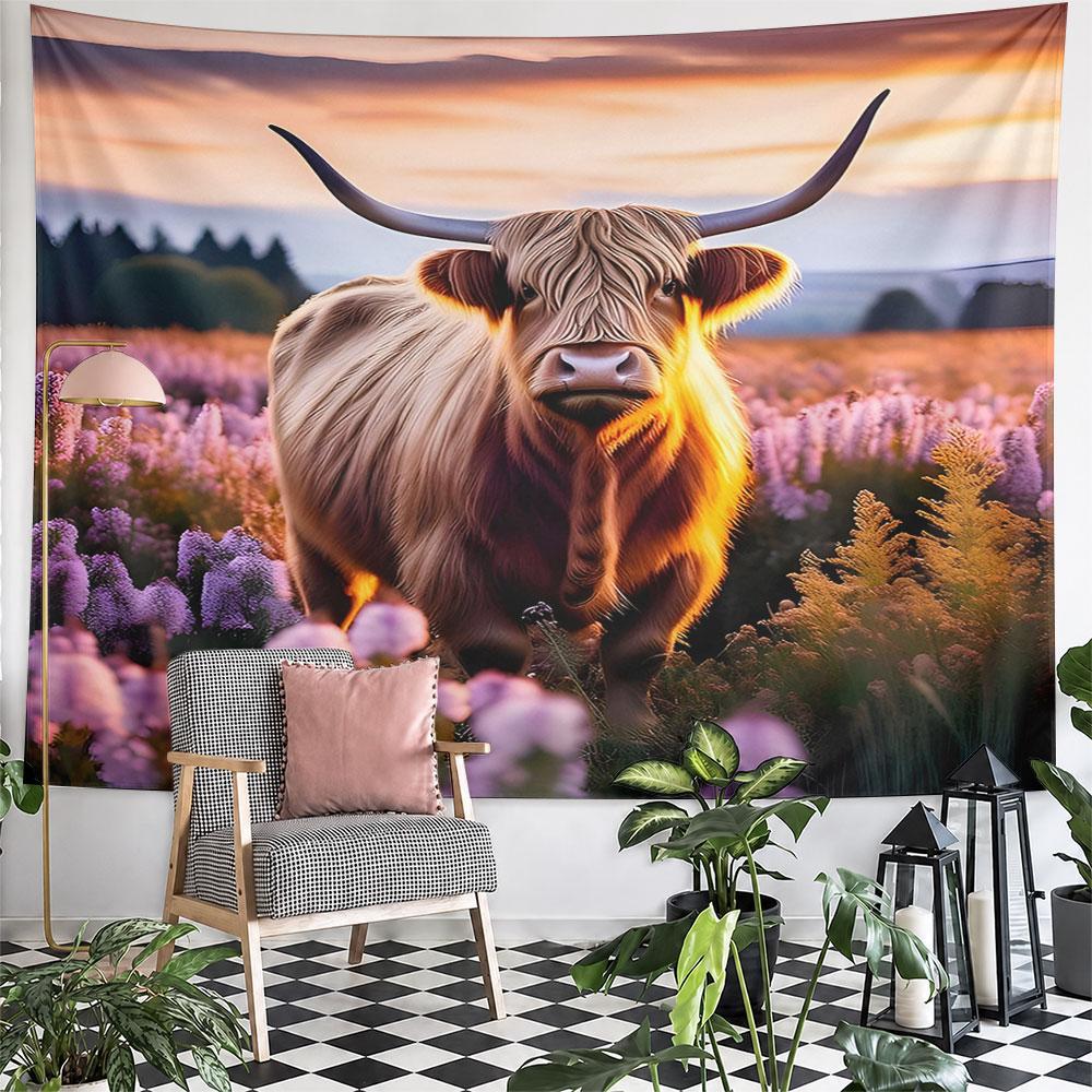 "Highland Cow in Lavender Field Sunset" Pattern Wall Hanging Tapestry Decorative Tapestry Home Decor for Bedroom and Living Room