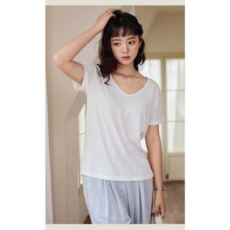 New Spring and Summer Silk Bottoming Shirt Women's Lyocell Goose Egg Neck Short Sleeve Top