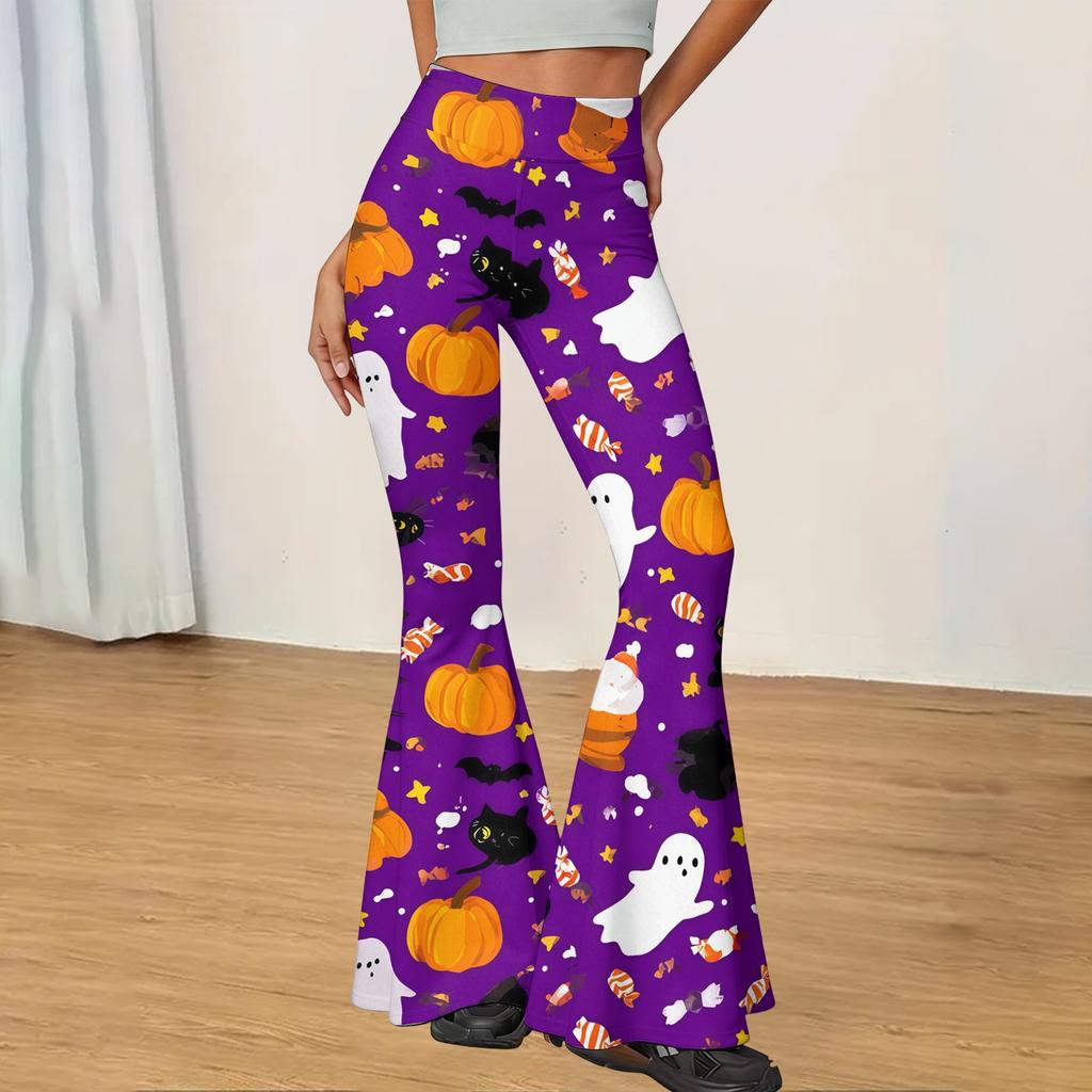 Women's Halloween Print Yoga Pants - Flared Leggings, Casual Stretchy Bell Bottom Pants for Women, for Yoga, Daily Wear and Party