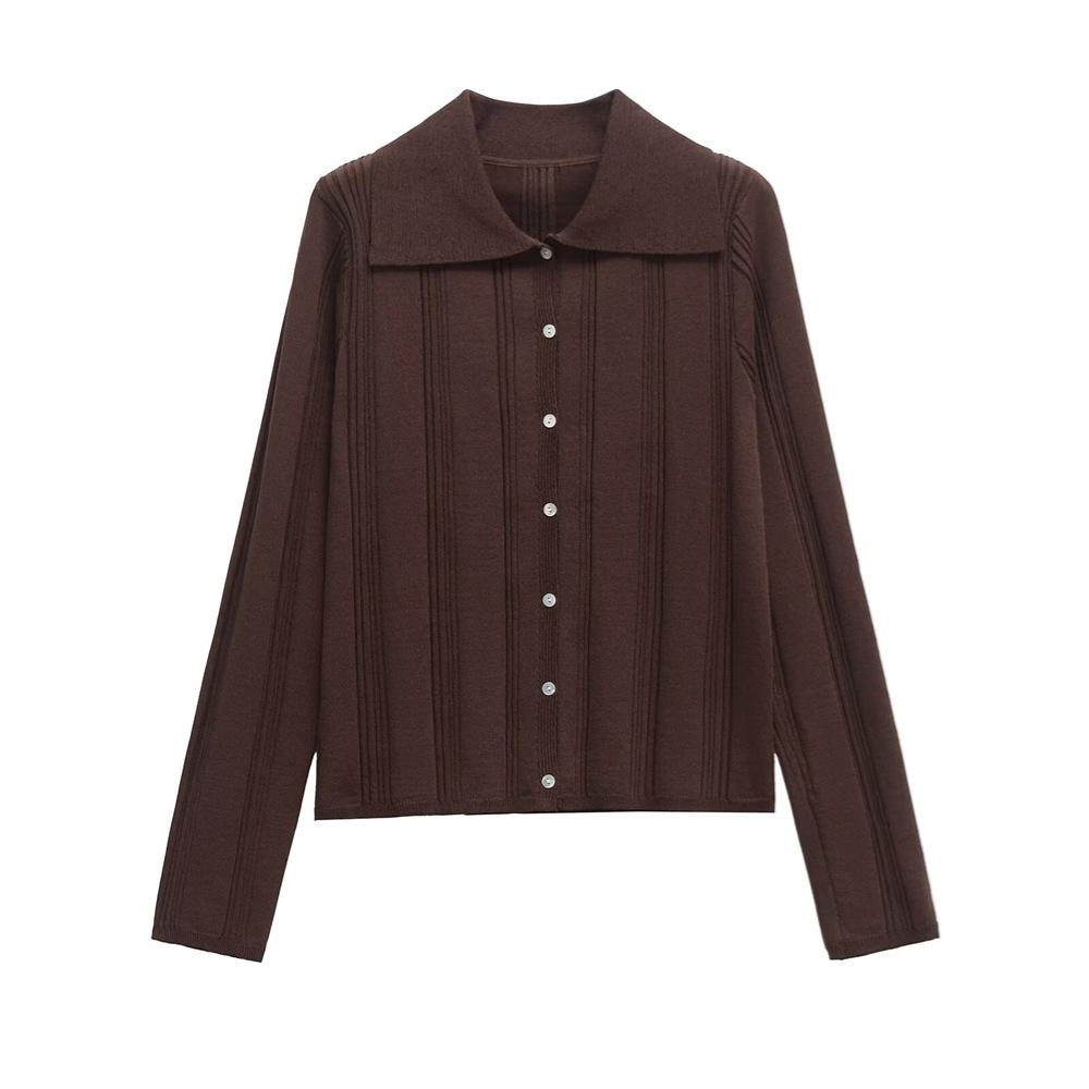 

Женский приталенный вязаный кардиган на весну 2025 года - С длинным рукавом, отложным воротником, короткий топ Small