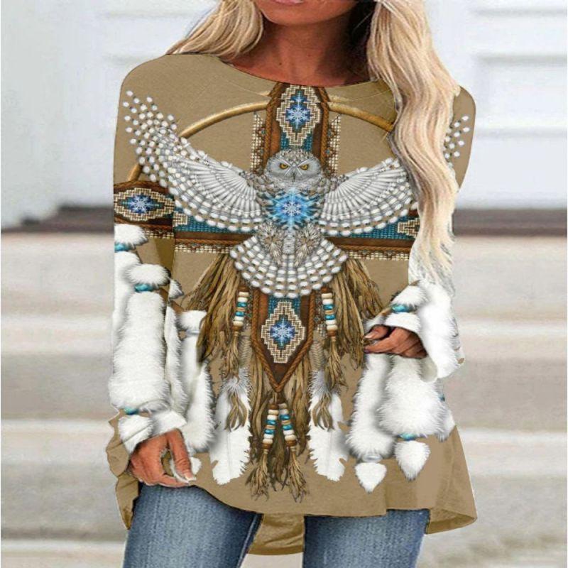 New 3D Ethnic Tribal Style Printed Round Neck Women's T-shirt Long-sleeved Bottoming Shirt Casual Loose Top Breathable Pullover