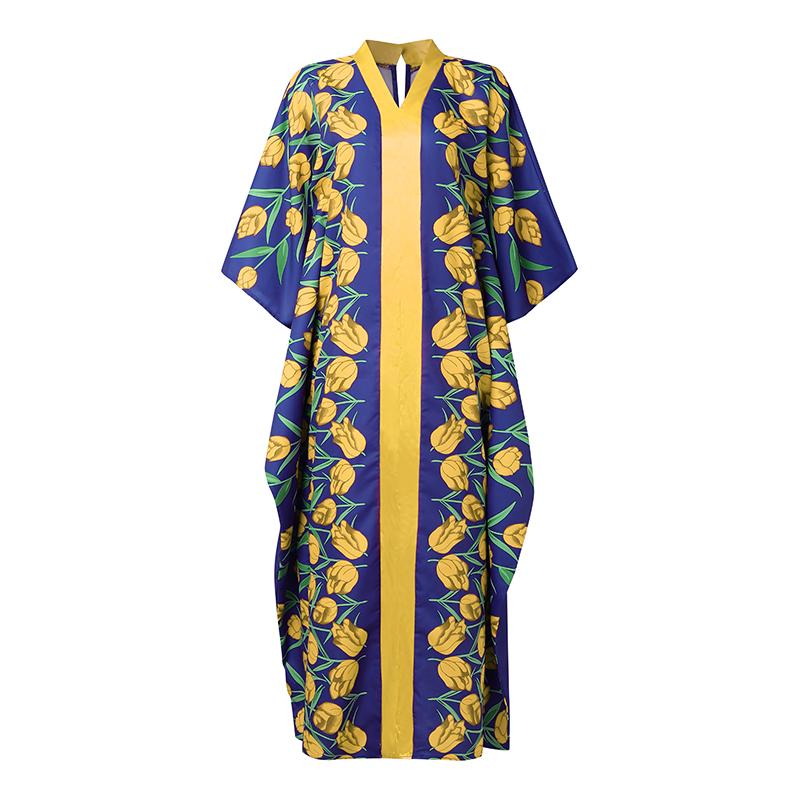 

Plus Size Ethnic Women Long Sleeve Floral Print Patchwork Casual Loose Maxi Kaftan Dress 5XL жовтий