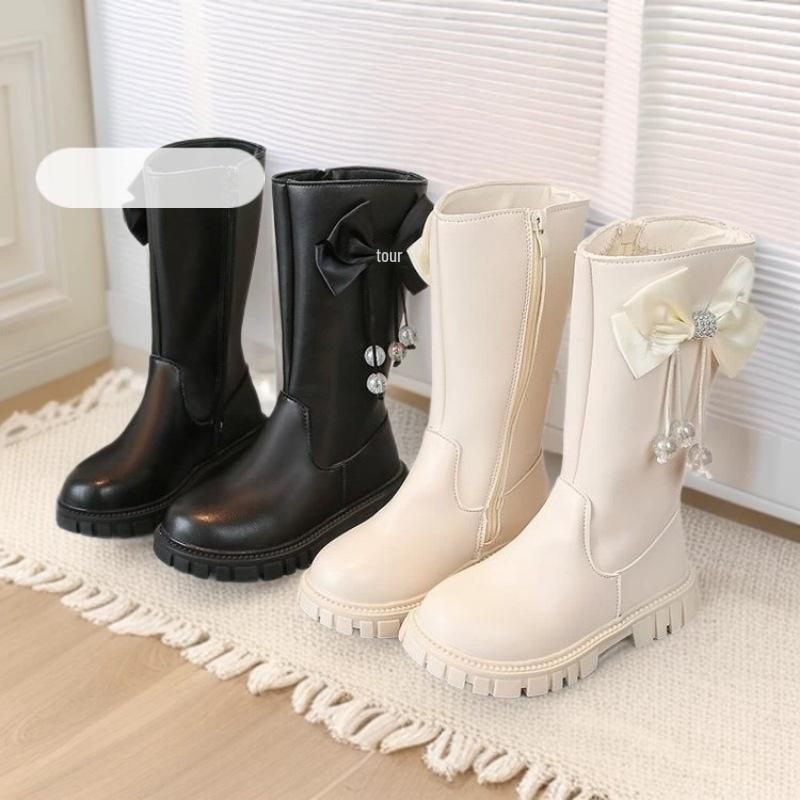 Girls' Bow Long Leather Boots - 2025 Autumn/Winter Stylish Princess Collection