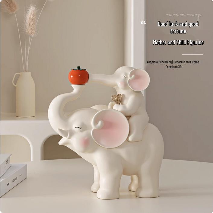Cute Cream Elephant Mother and Calf Figurine for Living Room or Wine Cabinet Decoration