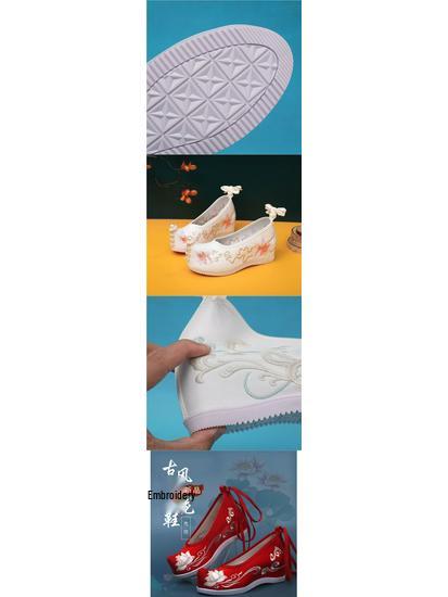 Women's Embroidered Hanfu Shoes - Ancient Style Beaded Floral Shoes with Bow, Upturned Toe, Inner Height Lift, Perfect for Spring and Autumn.