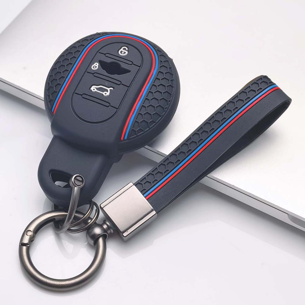 Silicone Car Key Fob Cover Case with Keychain for BMW Mini Cooper F54 F55 F56 F57 F60 3, Fits BMW Cooper F54 F55 F56 F57 F60 Sport Stripe Soft Skin