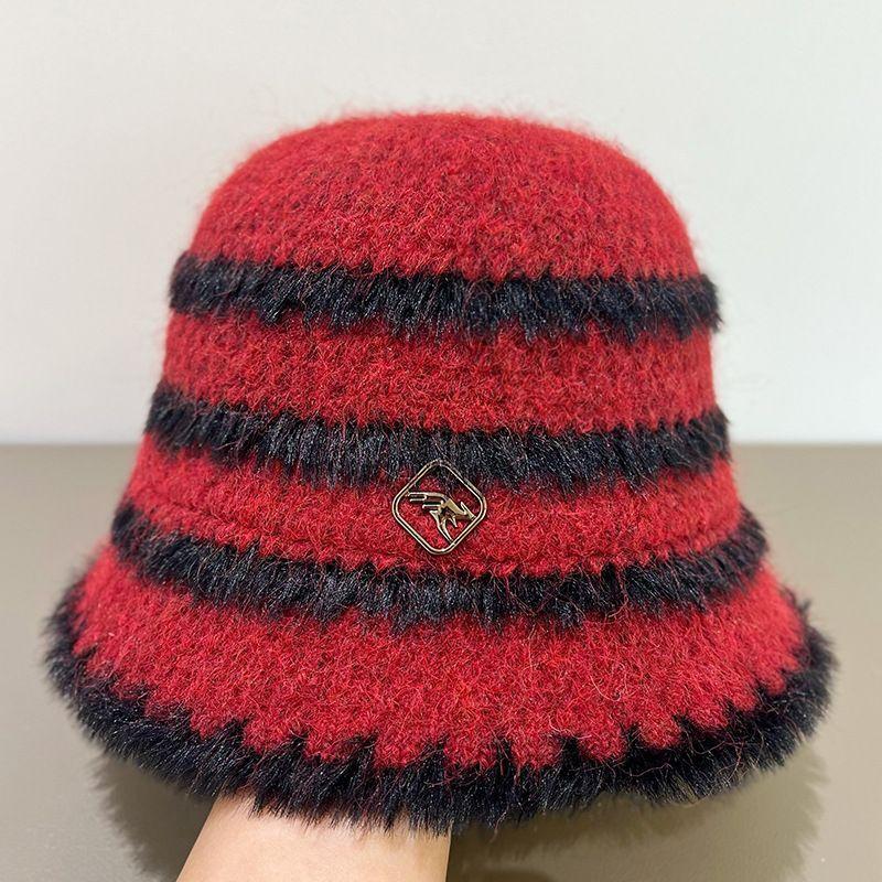 Plush Knitted Striped Bucket Hat Women's Autumn and Winter Wool Bucket Hat