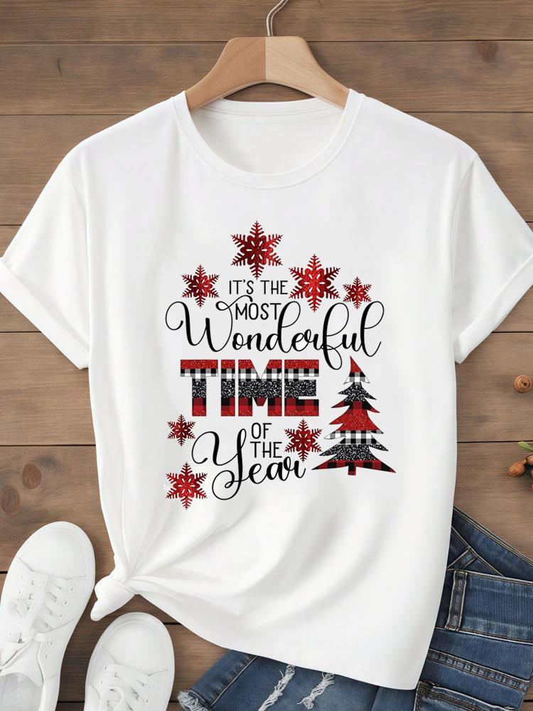 (Asian Size) Tee Top festival  Merry Christmas tree style happy  New Year Holiday Women Print Lady Short Sleeve Fashion Graphic T-shirts