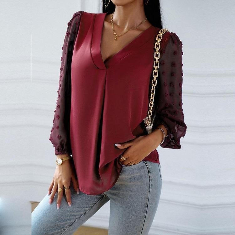 Elegantní podzimní ležérní dámská halenka s dlouhým rukávem, výstřihem do V, jednobarevná, volná, pro dojíždění