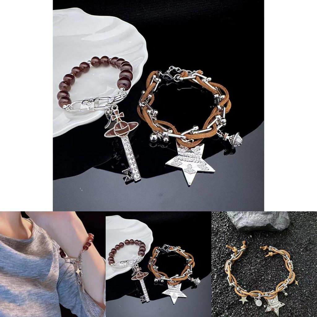 Fashionable Brown Leather Star Bracelet With Beads For Anniversary Gifts