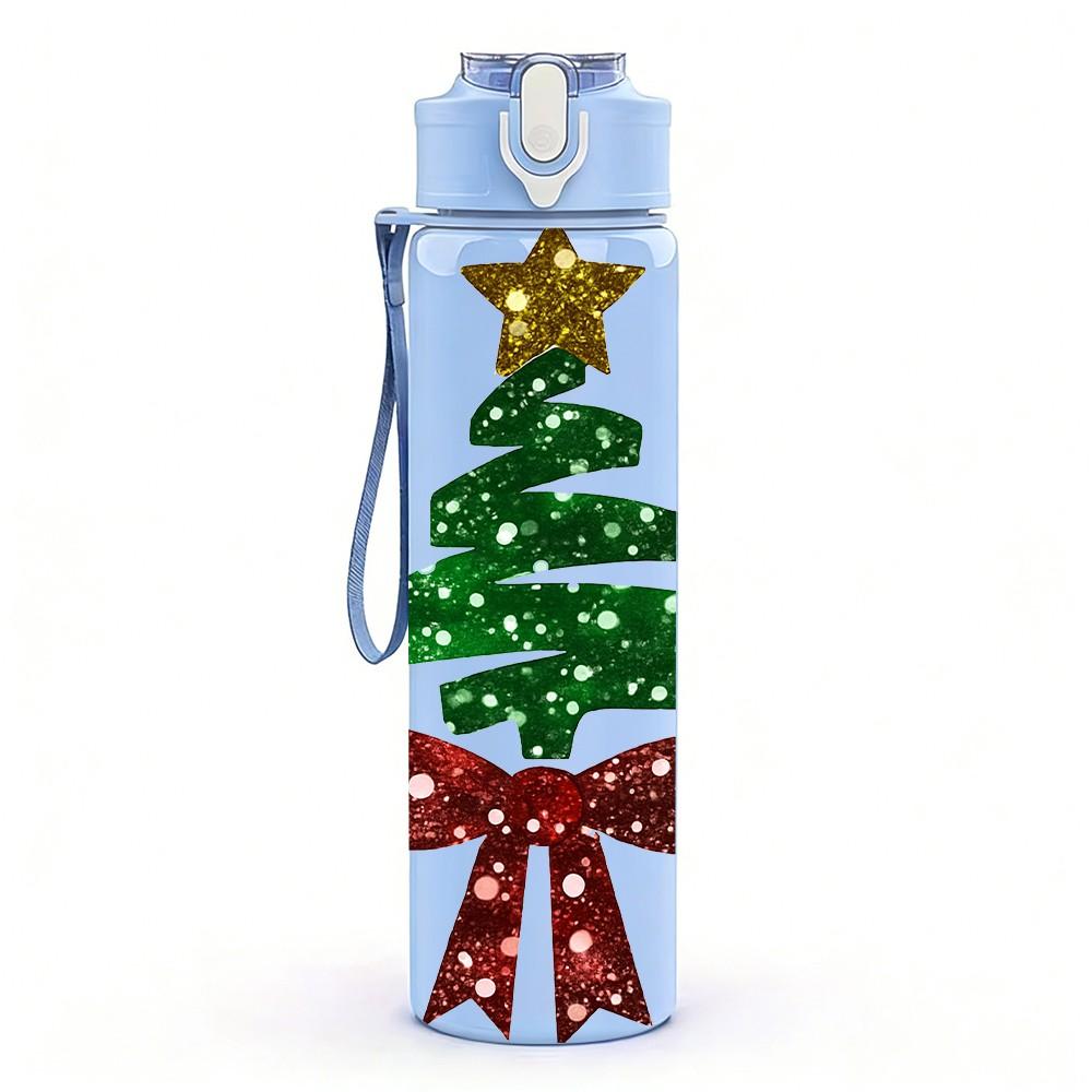 1PC Red Bow Christmas Tree Print 750ml Color Plastic Sports Water Bottle Leakproof Flip Straw Lid Suitable for Sports Office Home Use