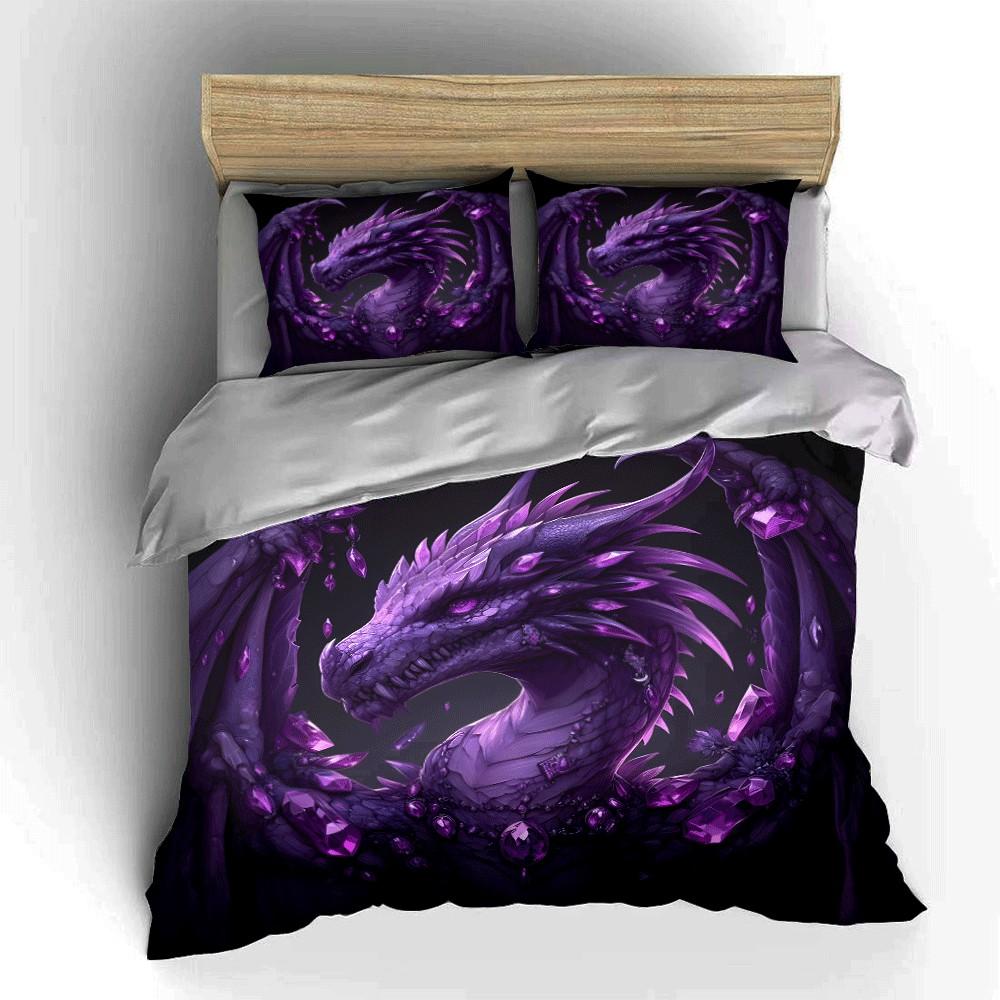 "Majestic Purple Dragon Fantasy Decor" Exquisite three-piece bedding set gift for kids and adults