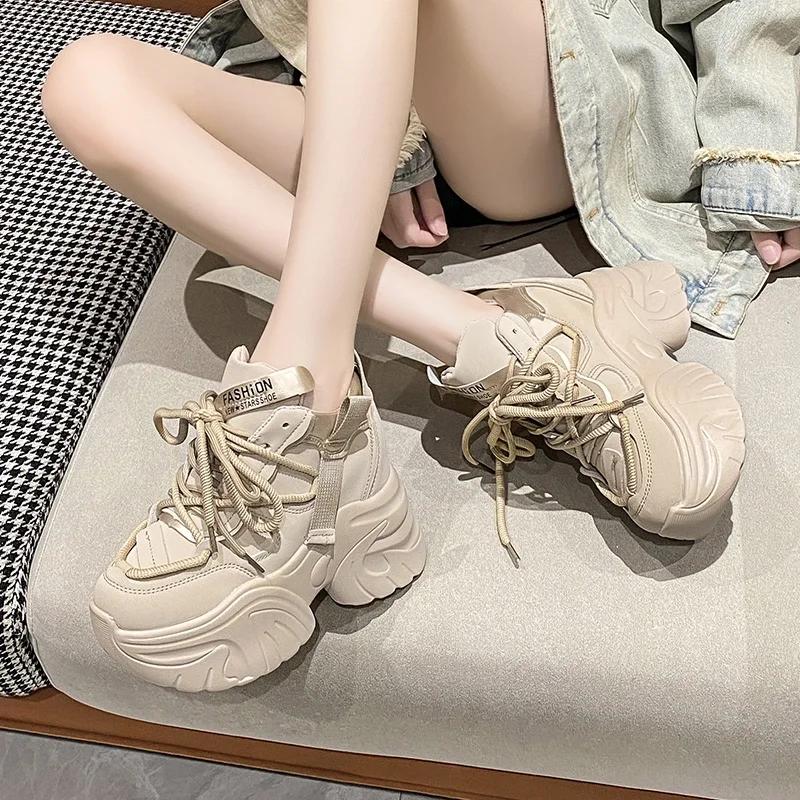 Fashion Women Walking Sneakers Autumn Lace-up High Platform Chunky Shoes Breathable Leather Shoes 10.5CM Winter Wedge Heels Casual Shoes