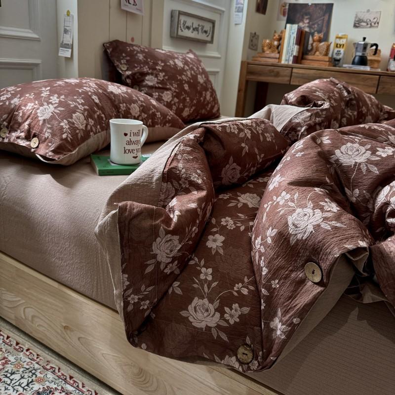 2026 Vintage Linen-like Floral Bedding Set 100% Cotton Button Soft Bed Sheets