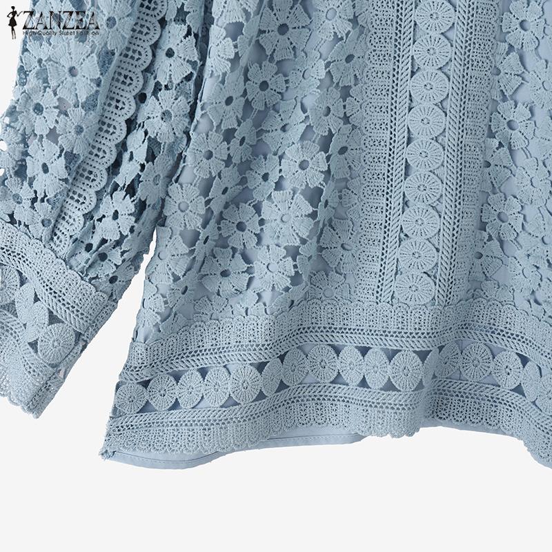 ZANZEA Womens Casual 3/4 Sleeve Loose Patchwork Lace Blouse