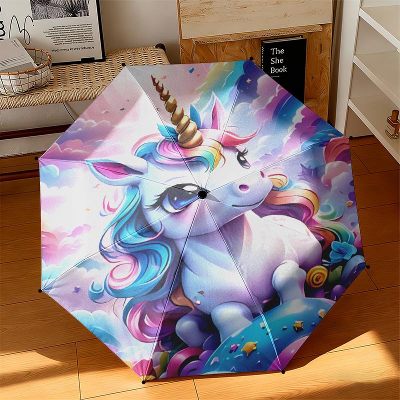 1pc Cartoon cute fantasy unicorn Umbrella Portable Folding Umbrella Iron Frame Hole Bone Structure Outdoor Home Umbrella