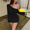 Women's Asymmetric Neck Long Sleeve Mini Dress Bodycon Elastic Waist Elegant Beach Wrap Dress
