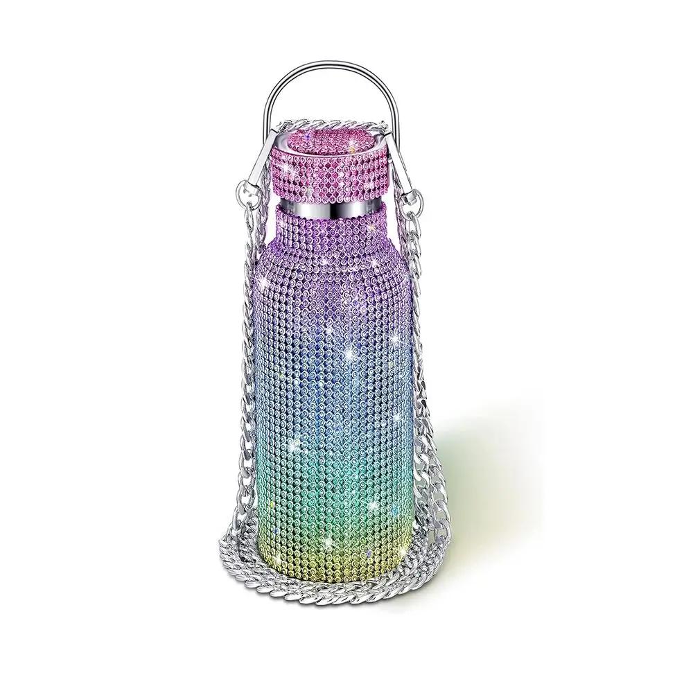 

stainless steel rhinestone insulated water bottle with chain strap, glitter travel tumbler for cold drinks and coffee 350ml