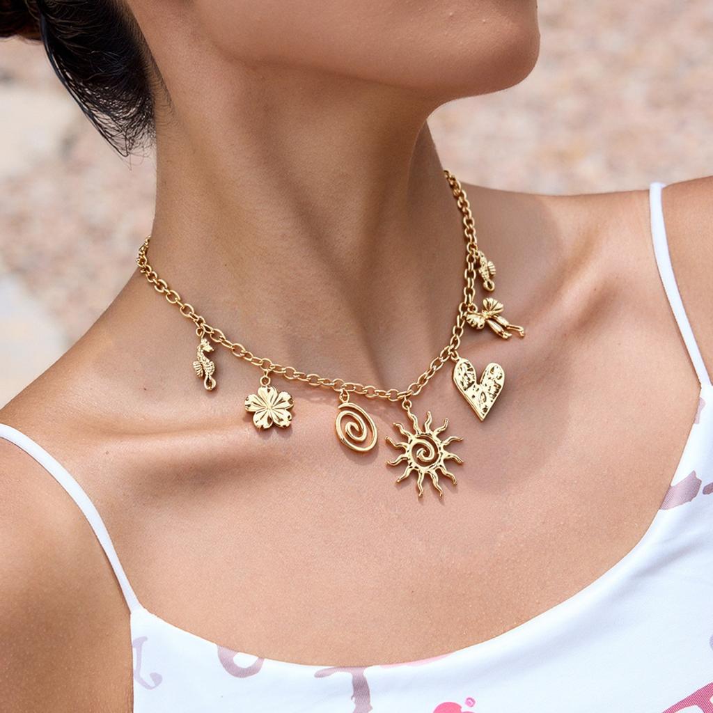 Summer Multi element Pendant Necklace Versatile Punk Style Sun Heart Flower Decoration Collarbone Chain Vintage Women Jewelry