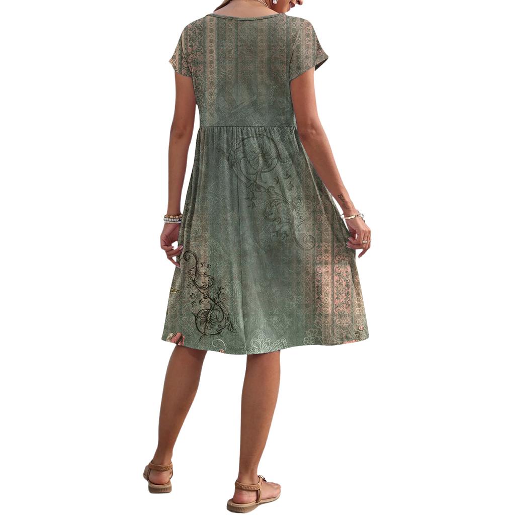 Women's Summer Fashion Casual Round Neck Short Sleeve Floral Print Dress