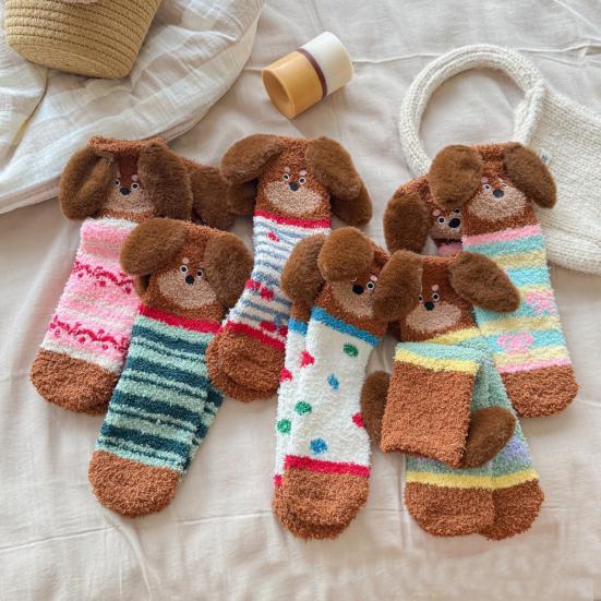1 Pair Floor Socks 3D Cartoon Dachshund Design Striped Print Elastic Opening Socks Coral Fleece Thickened Mid-Length Sleeping Socks