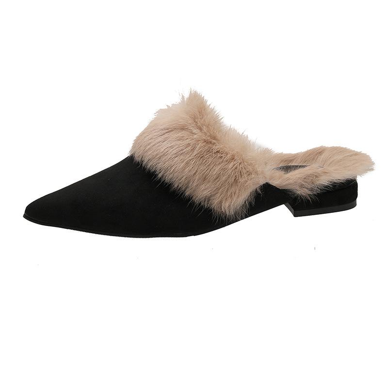 Pointed Half Slippers Women's 2025 Autumn and Winter New Bag Head Winter Fluffy Slippers Wear Low Heel Cotton Slippers