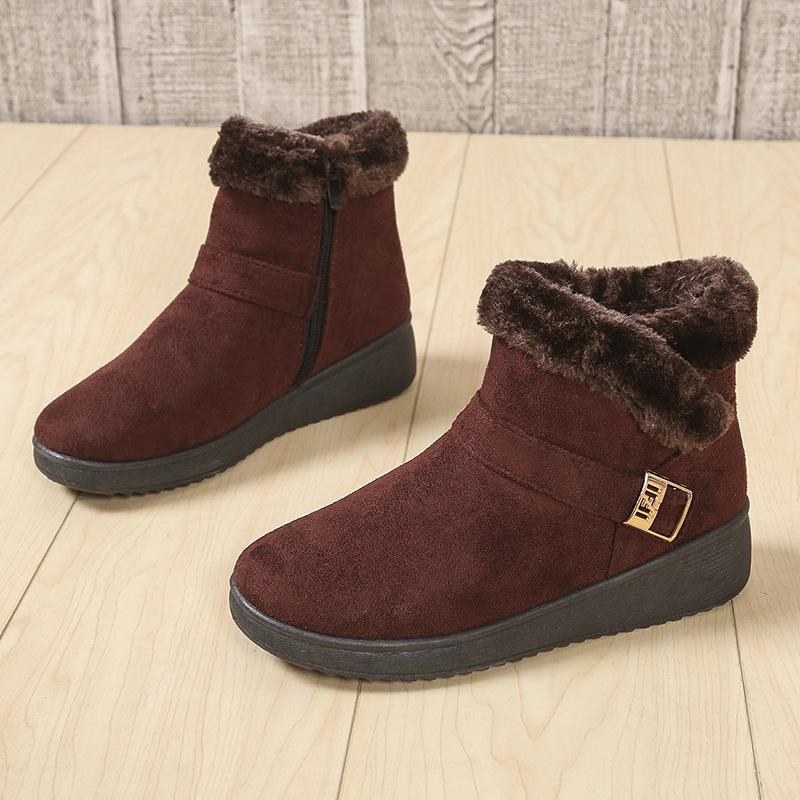 Fashion Warm Snow Boots for Fashion MATURE LEISURE Flat with Round Toe Buckle Strap Solid Casual Women Shoes Black