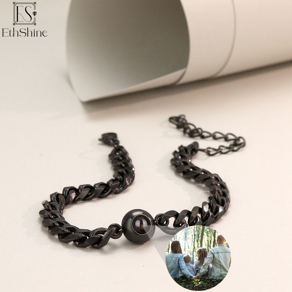 EthShine Custom Circle Pendant Projection Photo Bracelet Couple Jewelry Memorial Gift For Him Personalized Cuban Chain