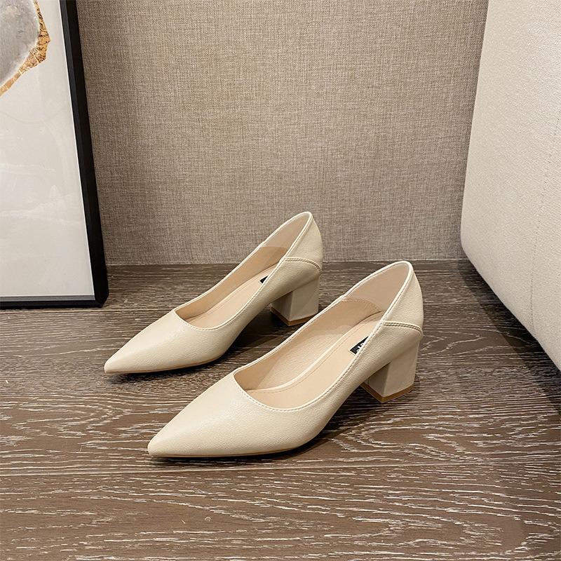 55 Pointed Thick Heel Shallow Mouth High Heels Soft Leather Commuter Professional Work Shoes New Single Shoes