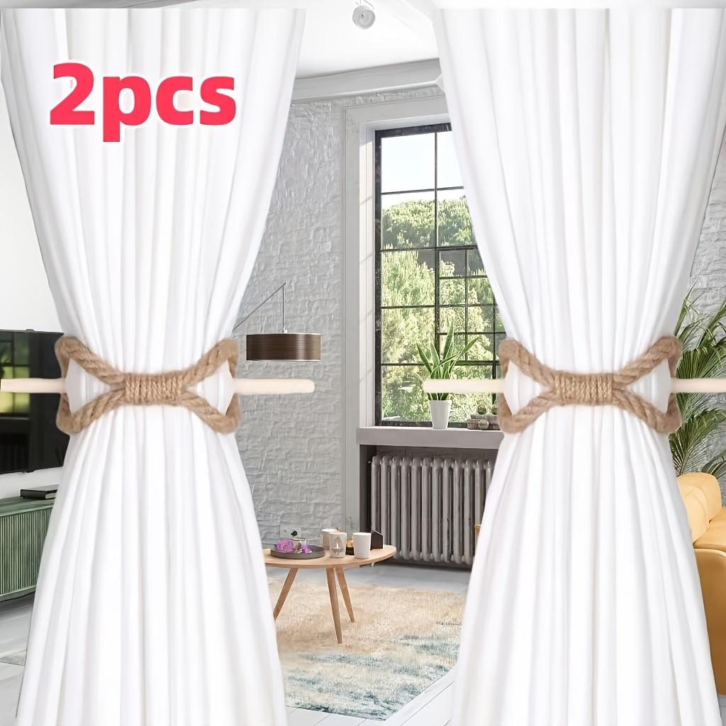 2pcs Boho Style Curtain Tiebacks, Rustic Solid Wooden Rods with Thick and Jute Rope, Simple Curtain Holdbacks for Bedroom & Living Room Decor