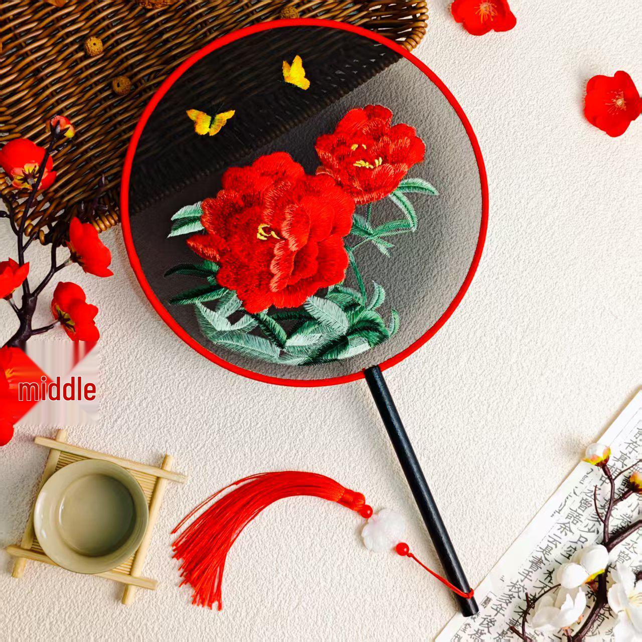 

Double-Sided Round Fan with Suzhou Embroidery for Hanfu or Qipao
