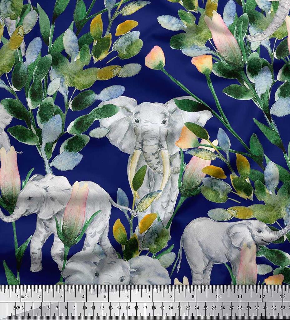 Soimoi Japan Crepe Satin Fabric Leaves,Floral & Elephant Animal Printed Craft Fabric by the metre 42 Inch