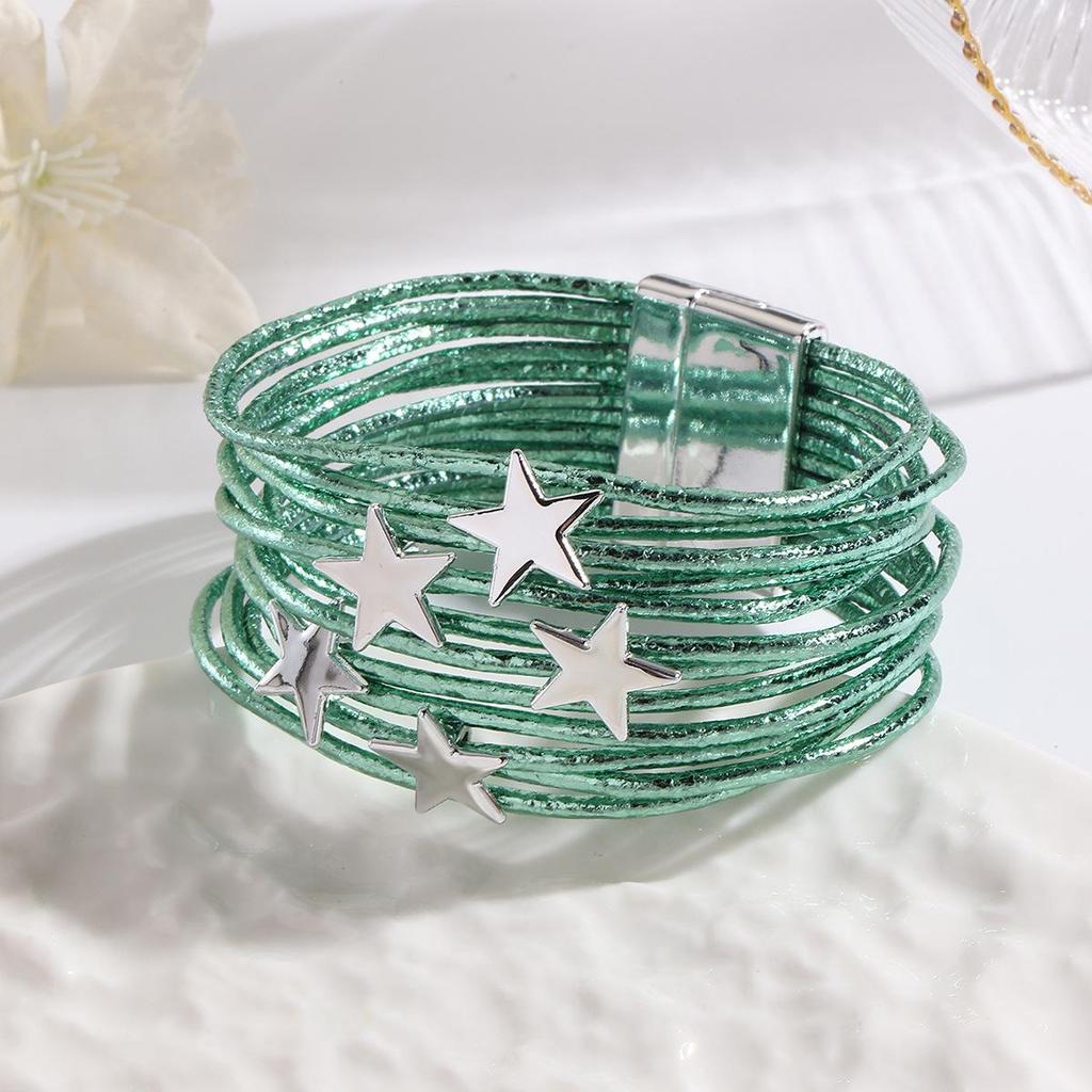 Multilayer Leather Bracelet with Star Charm and Magnetic Closure for Women