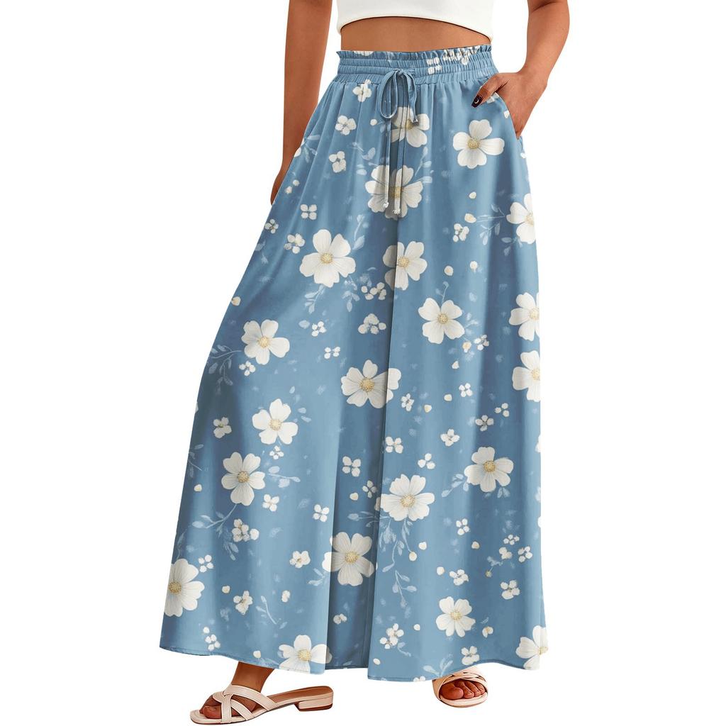 Women's Palazzo Pants Boho Floral Wide Leg Trousers Summer Beach High Waisted Flowy Pants With Pockets
