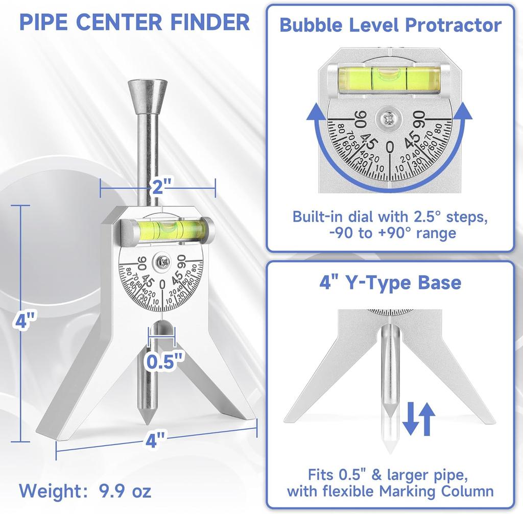 Pipe Center Finder Measure Pipe Diameter with Adjustable Dial Bubble Protractor 4" Y-Type Safety Pipe Marker Centering Head Tool