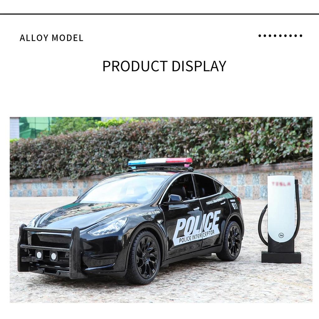 1/24 Tesla Model Y SUV Alloy Police New Energy Car Model Diecast Metal Vehicles Car Model Simulation Sound and Light Children Toy Gift