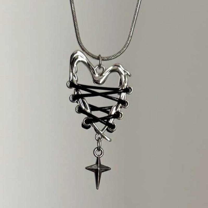 Edgy Necklace Black Rope Chain Gothic Heart Charm Pendant Neckwear Punk Jewelry Gift for Her