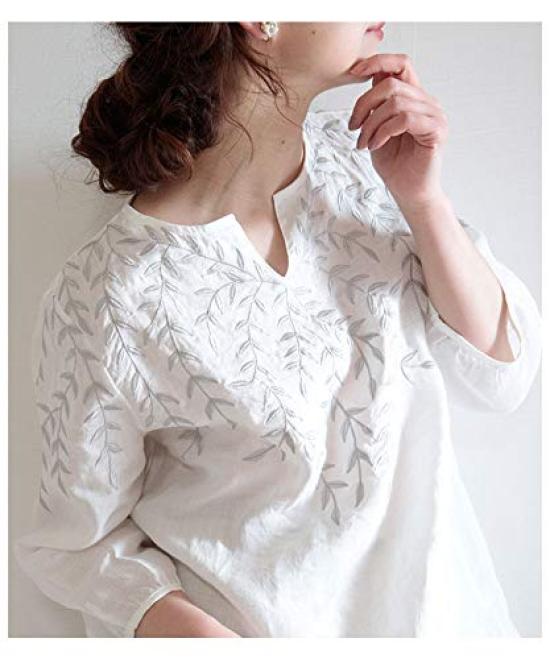 Sawa la mode Botanical Leaf Embroidered Linen White á Top, Women's, mode-6296 F,