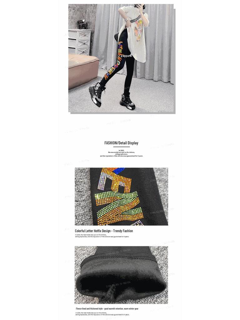 2025 Rhinestone Letter Elastic Cropped Pants - Trendy Spring/Autumn Women's Leggings