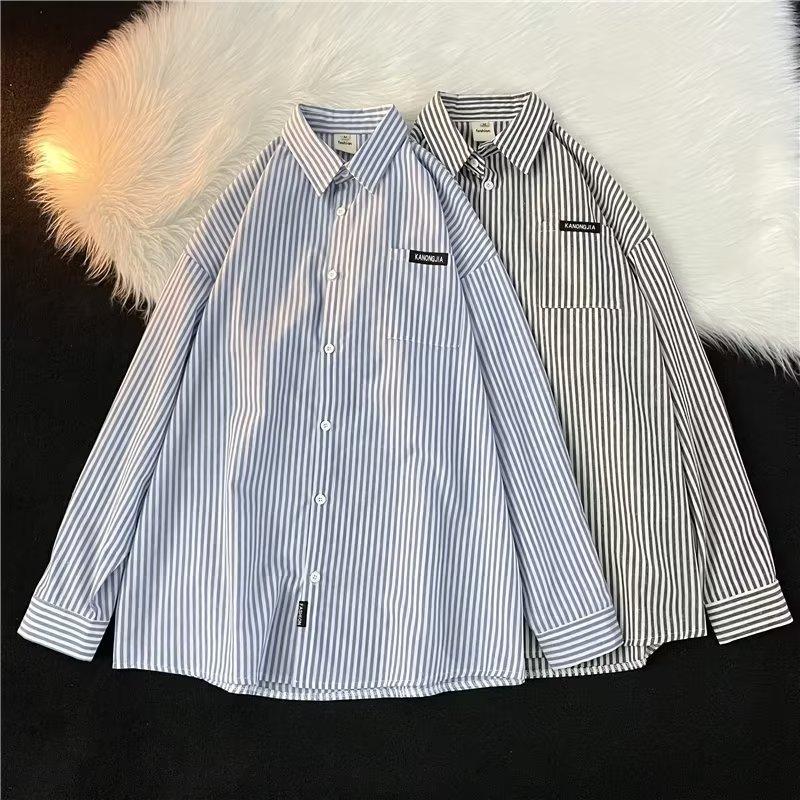 Spring And Autumn Long Sleeved Vertical Stripe Shirt For Men, Fat And Large Casual High Street Youth Shirt