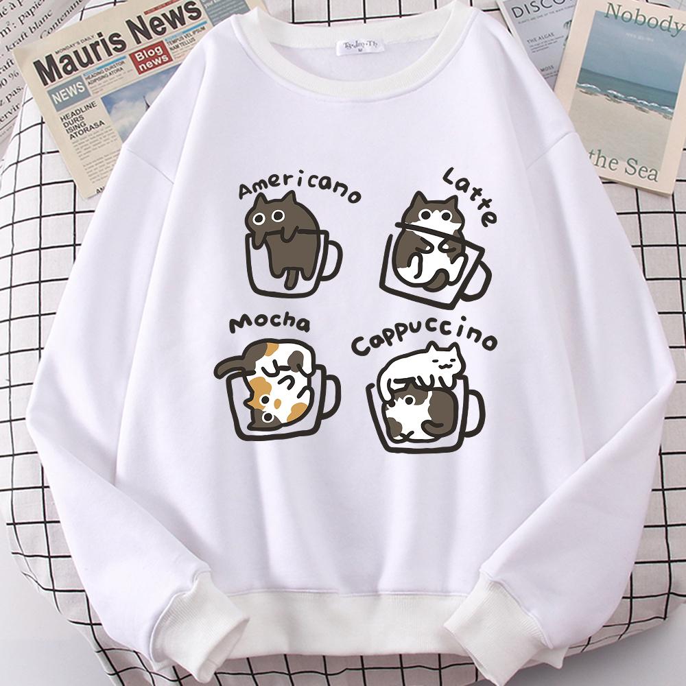 American Style Coffee Cat Cute Print Hoody Men Cartoon Street Clothing Prints Hoodies Japan Harajuku Sweatshirt Hoodie